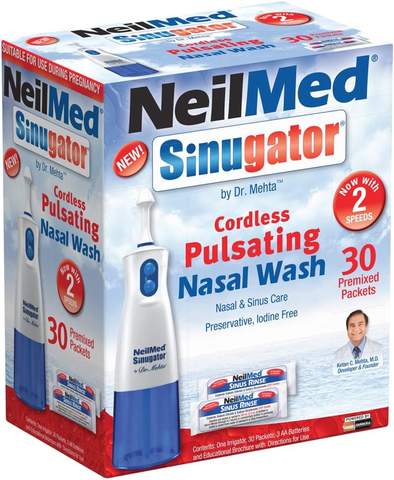 NeilMed Sinugator Cordless Pulserende Nasal Wash Kit med én vandingsenhed, 30 Premixed Packets og 3 AA batterier (pakke med 1)