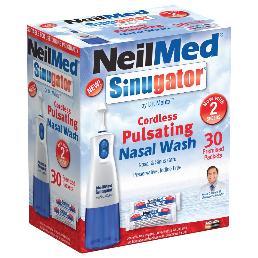 NeilMed Sinugator Cordless Pulserende Nasal Wash Kit med én vandingsenhed, 30 Premixed Packets og 3 AA batterier (pakke med 1)