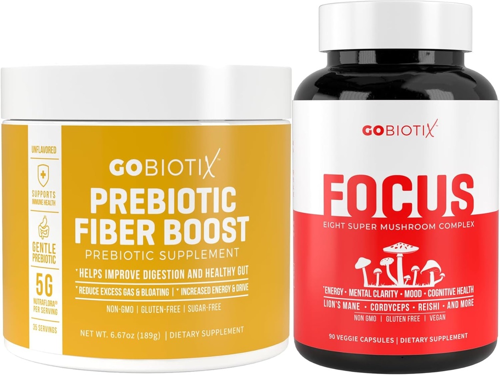 GOBIOTIX Brain & Gut Wellness Bundle: Focus Mushroom Complex 90 Kapsler + Fiber Supplement 35 Servering