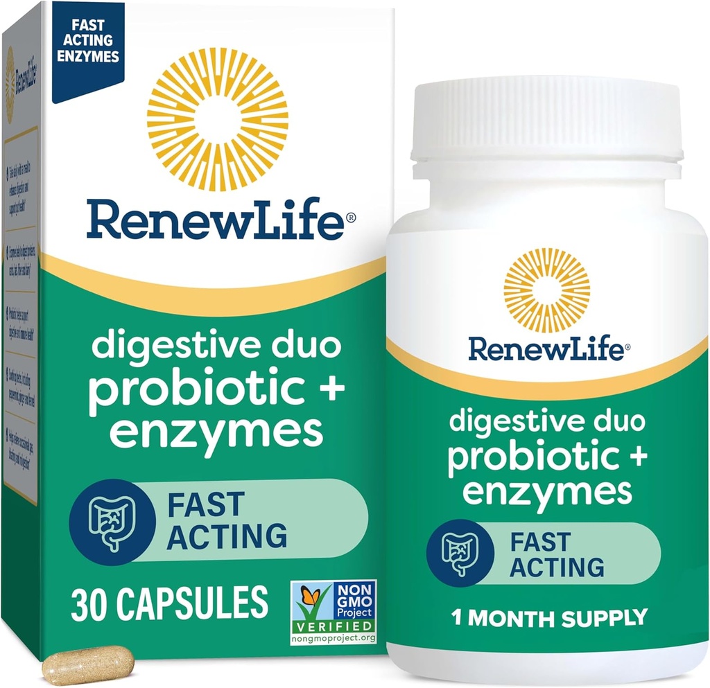 Renew Life Diguestive Duo Probiotic og Enzymes Vegetariske Capsules, Probiotic Promoes fordøjelsessundhed, Hurtig- Actioning Enzymes Aid Digestion, Med beroligende urter - 30 Greve