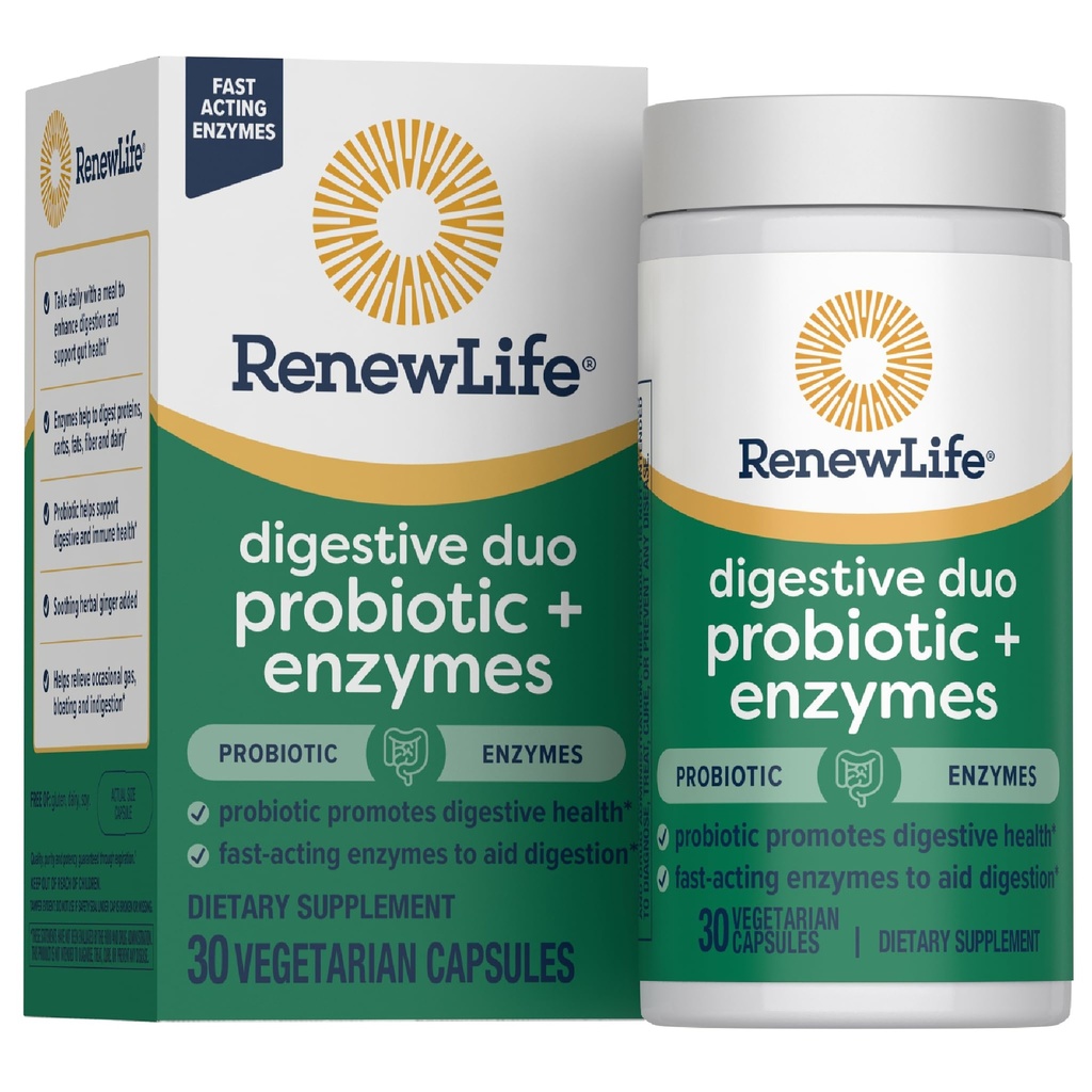 Renew Life Diguestive Duo Probiotic og Enzymes Vegetariske Capsules, Probiotic Promoes fordøjelsessundhed, Hurtig- Actioning Enzymes Aid Digestion, Med beroligende urter - 30 Greve