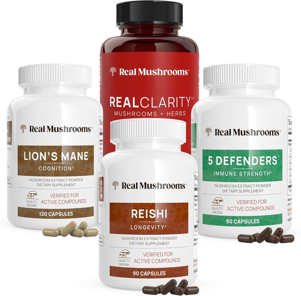 Real Mushrooms RealClarity (60ct), Lions Mane (120ct), Reishi (90ct) & 5 Defenders (90ct) Capsules - Mushroom Supplement for kognitiv sundhed, Longevity, Afslapning og immunforsvar - Vegan, ikke-GMO