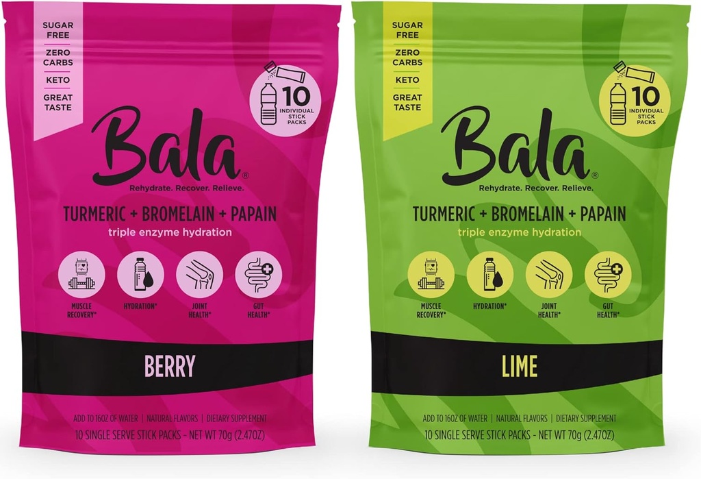 BALA Turmeric Enzyme Powder Packets, Sugar Free Hydration Mix for Gut Health, Immune Support, Natural Flavors, 10 Pack