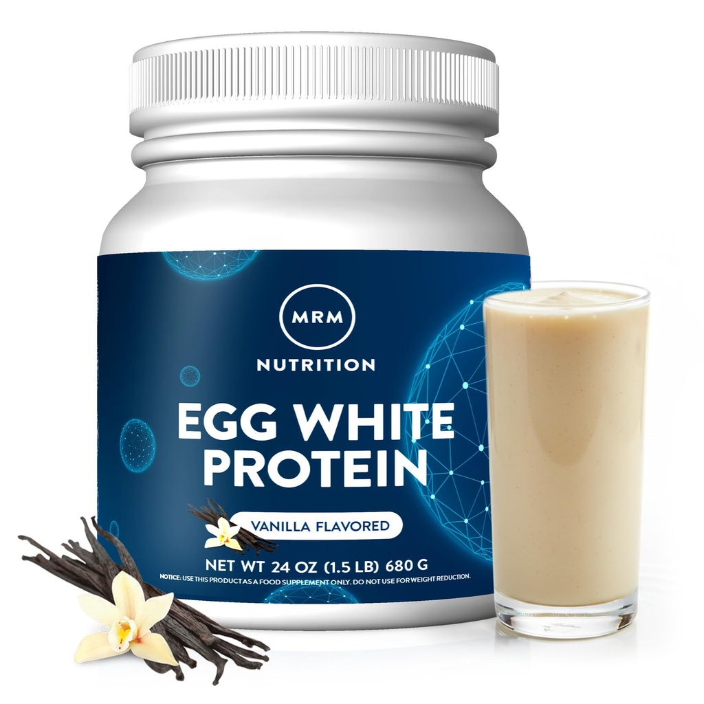 MRM Nutrition Egg White Protein ttesmå 124; Vanilje Smagsstof 124; 23g Fat- Free Protein • 124; med fordøjelsesenzymer • 124; Højeste biologiske værdi • 124; Klinisk testet • 124; 20 Servering