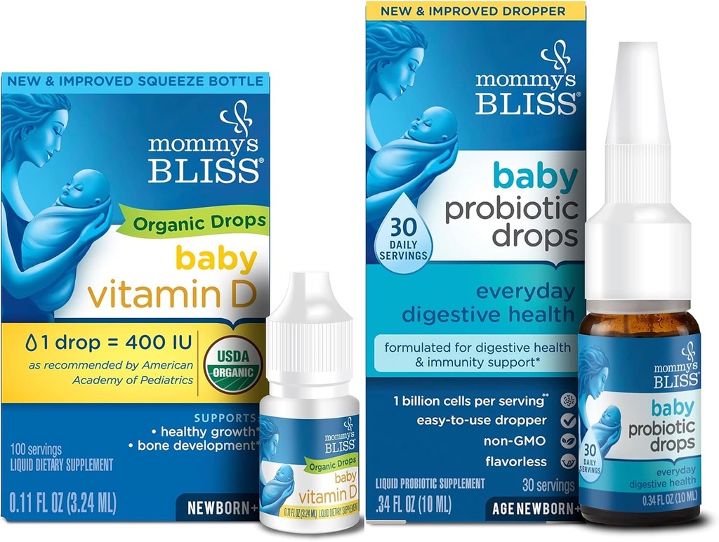 Mors Bliss Organic Baby Vitamin D Drops 100 Servering (pakke med 1) med Baby Probiotiske Drops Everyday 30 Servering (pakke med 1)