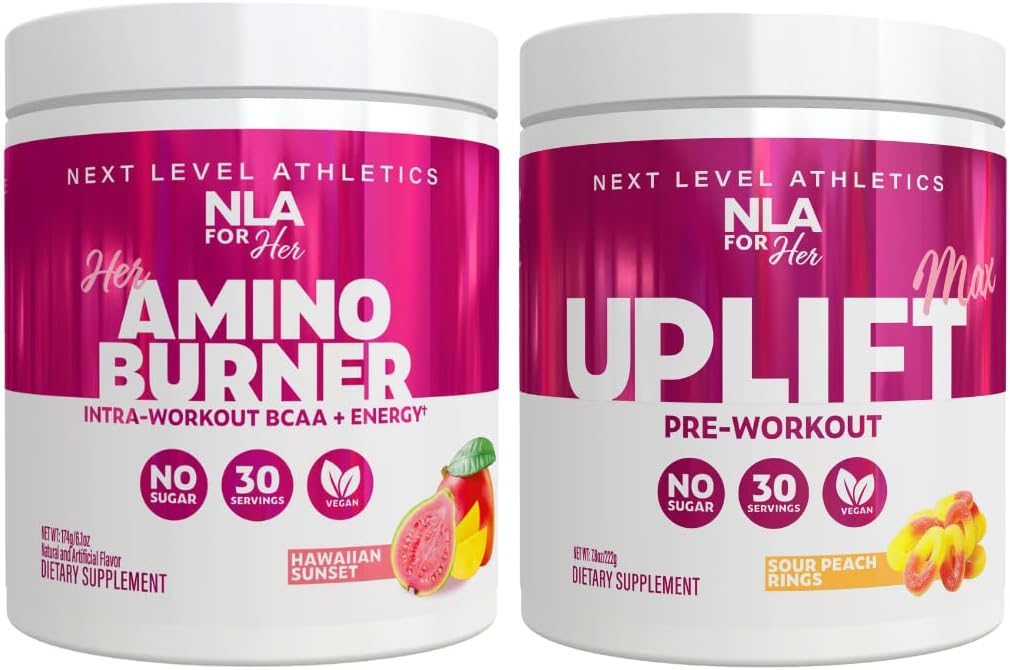 NLA for hendes Pre / Intra Workout Stack (omfatter hendes termogene Amino Hawaii Sunset og Oplift Max Pre Workout Sour Peach Ringe)