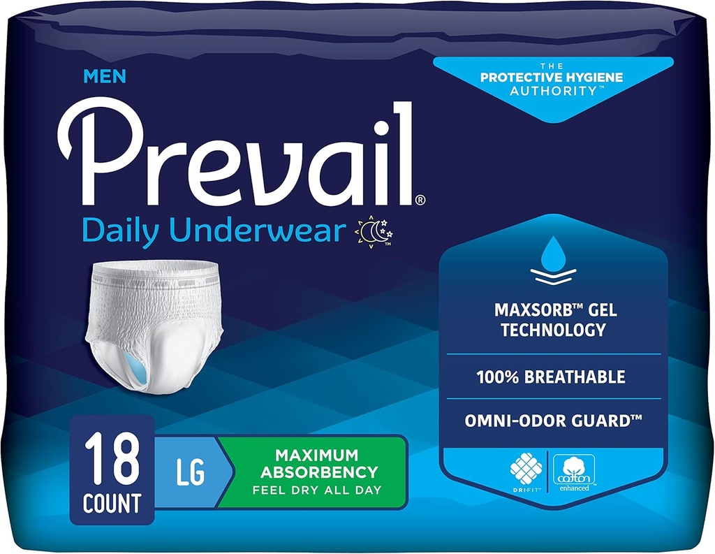 Prevail Incontinence Beskyttende Undertøj for Mænd, Maksimal Absorption, Stor, 18 Greve