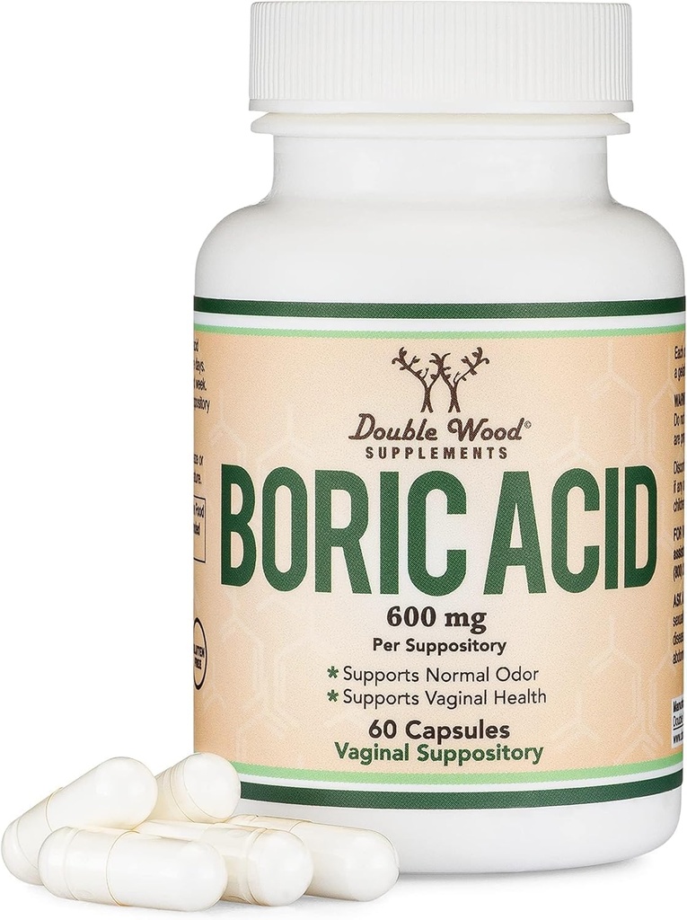 Borsyre suppositorier (600mg vaginal suppository, 60 Greve) Understøtter vaginal pH balance, Odor Control (USP Medical Grade Fine Powder, Easy Opløs, Tredjeparts testet) af Dobbelt Træ