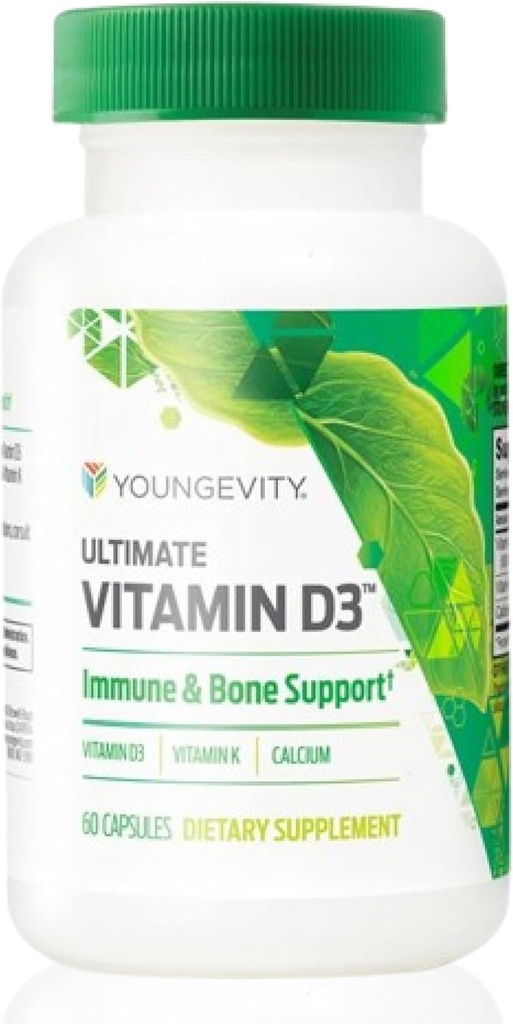Yngre Ultimate Vitamin D3 5000 IE med K2 - Højpotens Vitamin D3, Vitamin K2, og Calcium supplement til immunforsvar, Knogletæthed, og hjerte sundhed - 60 kapsler