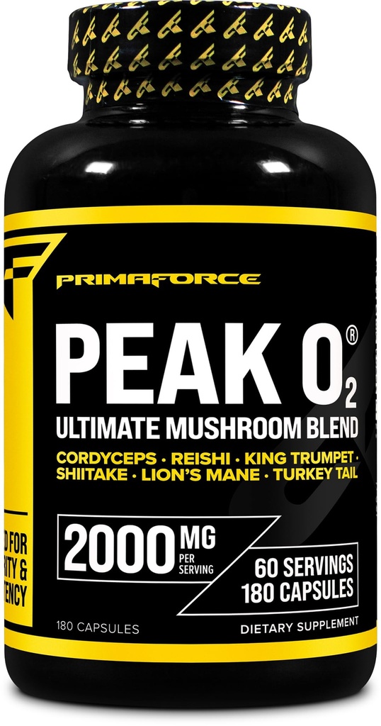 Primaforce Peak O2 Performance Mushroom drevet Oxygen Absorption Booster (180 kapsler) (2.000 mg Per Servering, 60 Servering) - Atletisk Performance Supplement, Ultimate Mushroom Blend