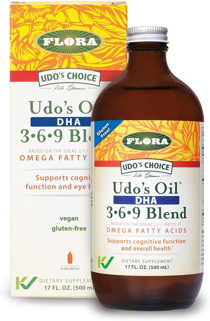 Flora - Udo 's Oil DHA 3- 6- 9 Blend - Vegetarisk Eye & Brain Health Supplement - Omega-3 & Omega- 6 - Indeholder Sunflower & Flax Seed Oil - Kosher & Organic - Hold nedkølet - 17 fl. oz.