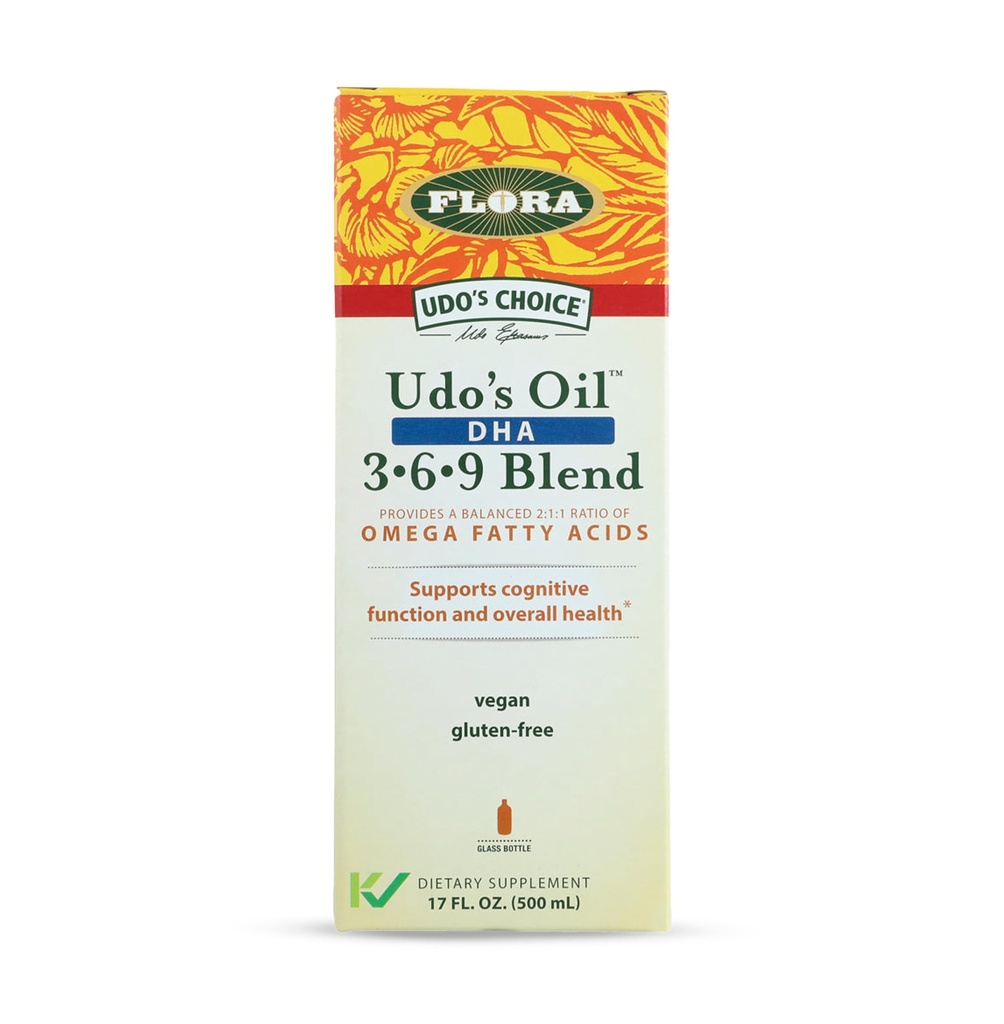 Flora - Udo 's Oil DHA 3- 6- 9 Blend - Vegetarisk Eye & Brain Health Supplement - Omega-3 & Omega- 6 - Indeholder Sunflower & Flax Seed Oil - Kosher & Organic - Hold nedkølet - 17 fl. oz.