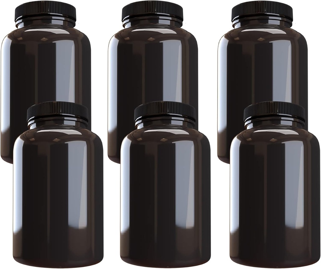 Company Plastic Pill Flaske (6 Pack) Dark Amber Container med sort låg, 500cc Kapacitet