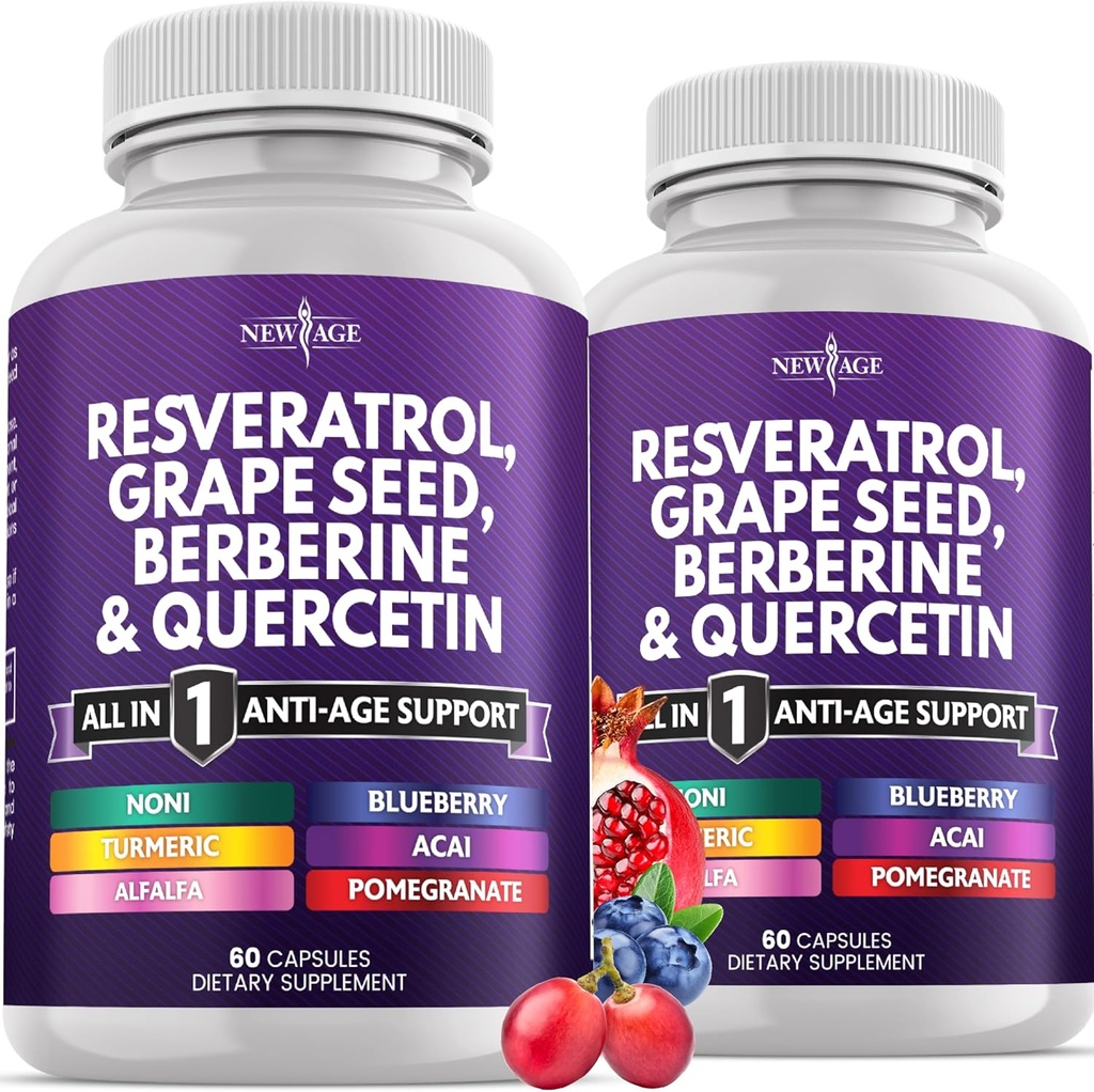 NEW AGE Resveratrol, Berberine, Grape Seed Extract, Quercetin, Polyphenol Supplement for kvinder og mænd med Noni Extract, N-Acetyl Cysteine, Acai Extract - 120 Kapsler