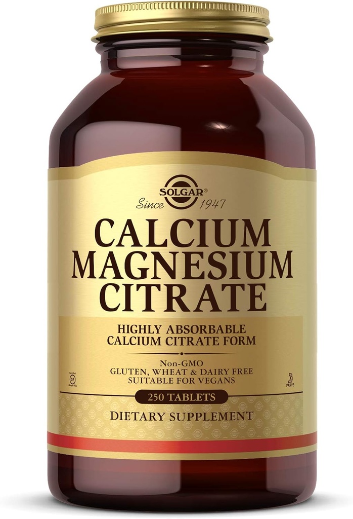 Solgar Calcium Magnesium Citrate, 250 tabletter - Understøtter sunde knogler & tænder - Knogler og nervesystem support - Meget Absorberbar - Non-GMO og Vegan - 50 Servere