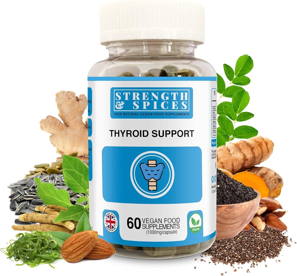 Styrke & krydderier - Thyroid Support, jod supplement med Maca Root, Sea Kelp, Brasilien Nødder og Ashwagandha, 60 kapsler