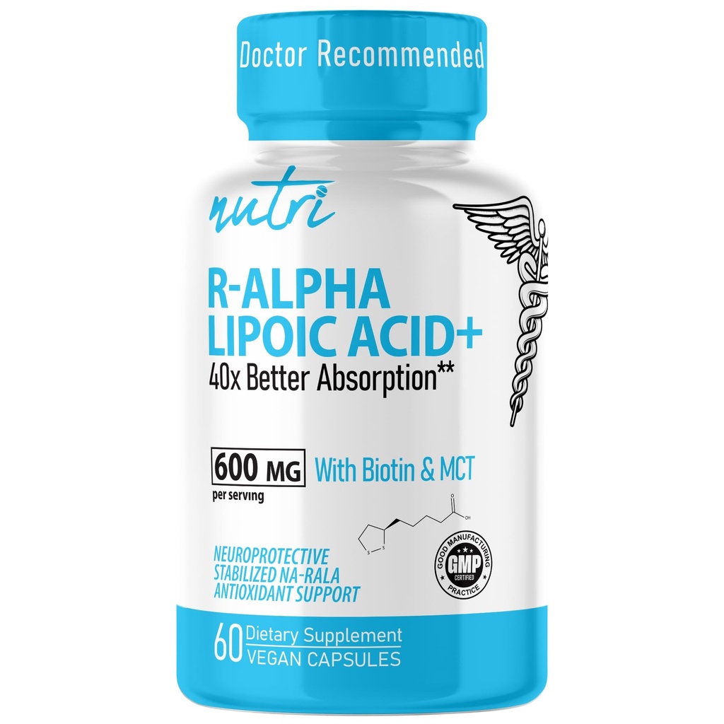 Nutri R Alpha Lipoic Acid 600 mg kapsler - R Lipoic Acid Stabilized with Biotin - Active Form of R- ALA - 600 mg Clinical Dosering - Powerful Cellular Energy Support - 60 Vegan Capsules - RALA