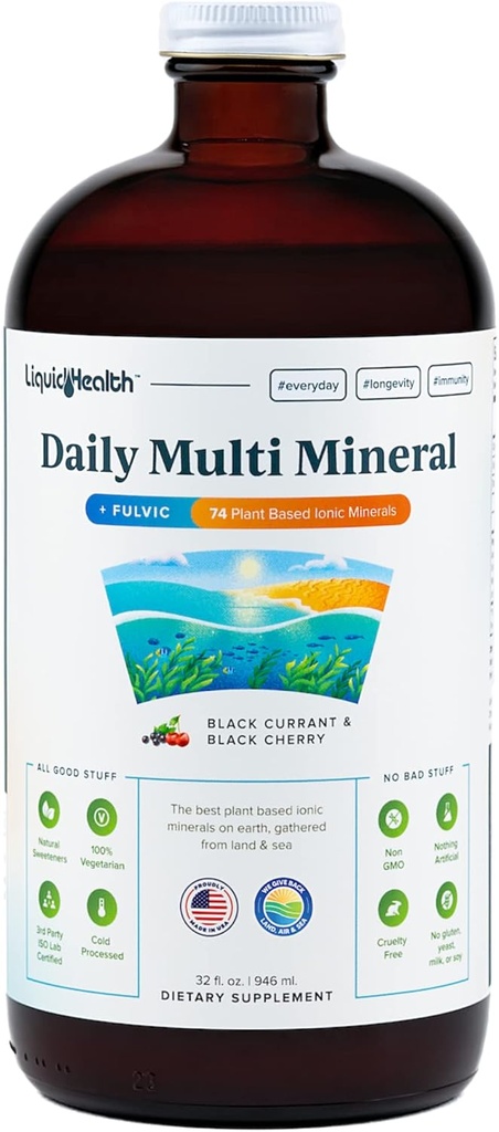LIQUIDHEALTH Daily Multi Mineral Liquid Supplement with Fulvic Acid, Plant Based Ionic Aquamin Sea Trace Ocean Minerals - Immune Support, Energy, Gut Health, Detox - Made in USA, Vegetarian (32 oz)