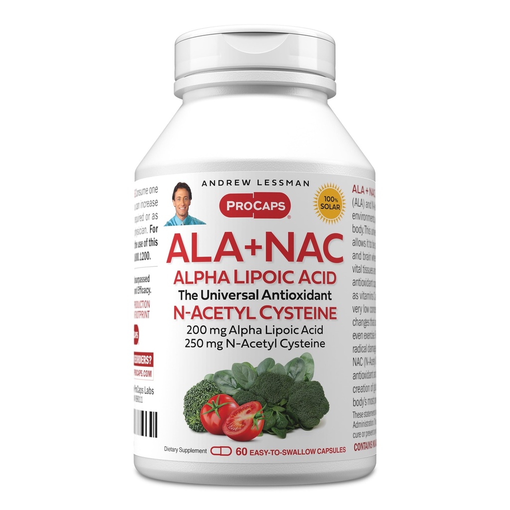 ANDREW LESSMAN ALA + NAC Alpha Lipoic Acid med N- Acetyl- Cysteine 60 kapsler - Ultra-High Potency, Anti- Oxidant Support for Nervesystemet, Heart, Brain, Lever, Nyrer, Lunger, Energi. Ingen tilsætningsstoffer