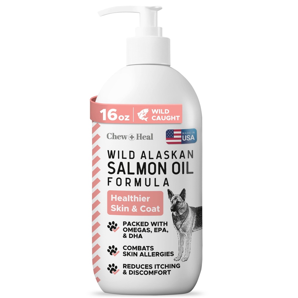 Wild Alaska Salmon Fish Oil for Dogs - 16 oz. of Fish Oil Formel - Pump Cap flaske - Indeholder Omega-3 og 6, D-vitamin, EPA og DHA for sund hud og Coat