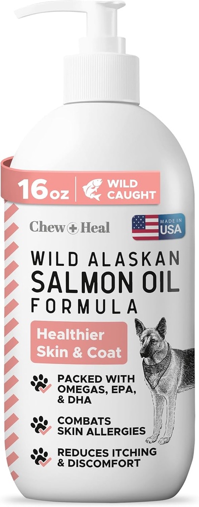 Wild Alaska Salmon Fish Oil for Dogs - 16 oz. of Fish Oil Formel - Pump Cap flaske - Indeholder Omega-3 og 6, D-vitamin, EPA og DHA for sund hud og Coat