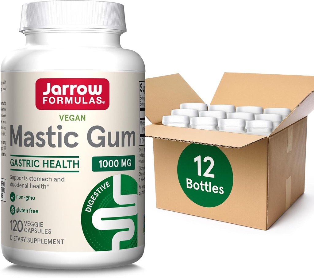 Jarrow Formulas Mastisk Gum 1000 mg, Kosttilskud til Gastrointestinal Health Support, 120 Veggie Kapsler, 60 dages forsyning, pakke med 12