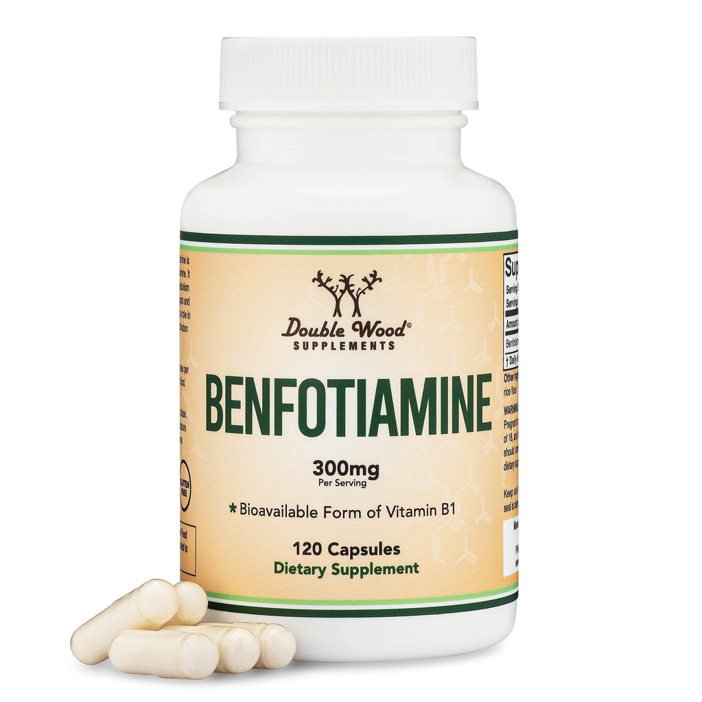 Benfotiamin 300mg Servering (Tredjeparts testet, 120 kapsler, 150mg Per Cap) Non-GMO, til Boost Thiamin B1 Niveauer (Mere Absorbable Than Thiamin, Fat Opløselig) ved Double Wood