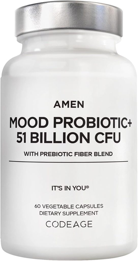 Amen Mood Probiotic Supplement 51 Millioner CFU - Organic Prebiotics and Probiotics - Acidophilus Probiotiske piller, fibre - Mood Organic Ashwagandha, blåbær - Vegan & Non- GMO - 60 Kapsler
