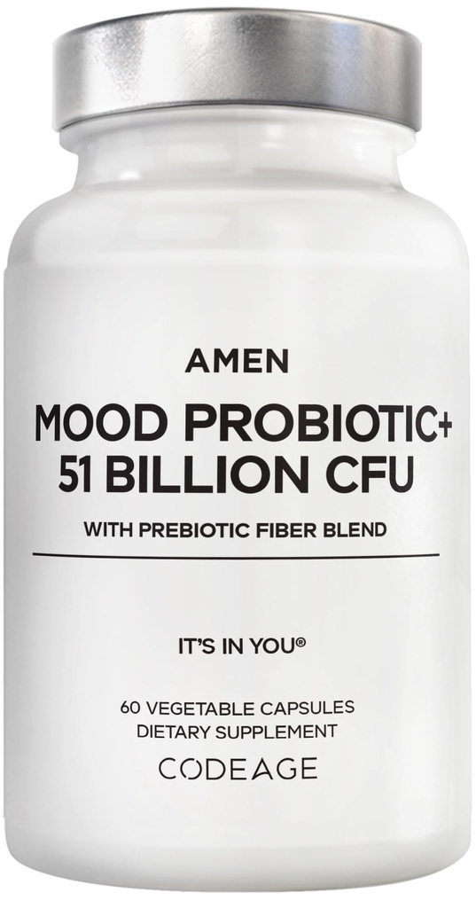 Amen Mood Probiotic Supplement 51 Millioner CFU - Organic Prebiotics and Probiotics - Acidophilus Probiotiske piller, fibre - Mood Organic Ashwagandha, blåbær - Vegan & Non- GMO - 60 Kapsler