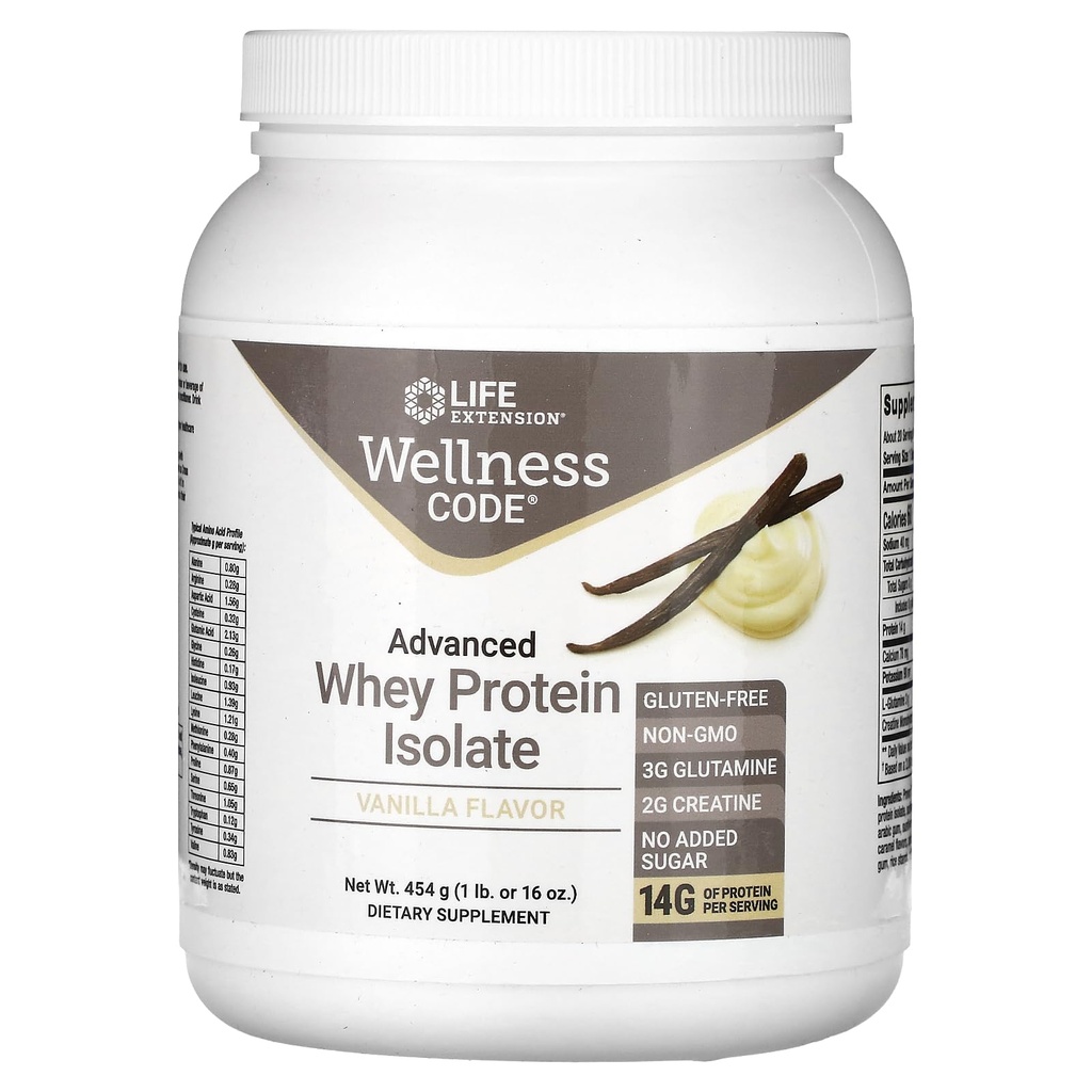 Life Extension Wellness Code ® Advanced Whey Protein Isolate (Vanilla), kreatin, glutamin, Mix for Muscle Growth & ImmunHealth, ingen sukker tilføjet, Gluten Free, Non- GMO, 454 Bedste, 20 Servere