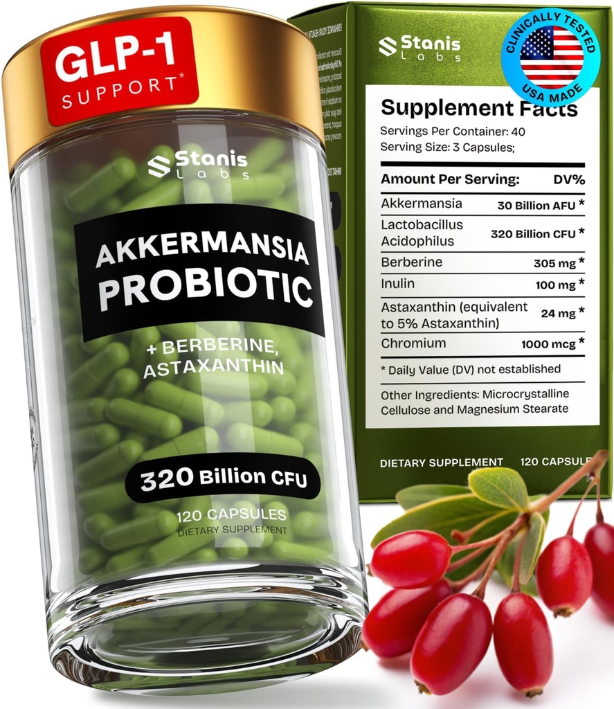 Akkermansia Muciniphila Probiotika 320 Millioner CFU = 124; GLP-1 Probiotika og Prebiotika = 124; Akermansia Probiotika til tarm sundhed = 124; Inulin Prebiotic Fiber Capsules Astaxanthin & Berberine & Chrom 120 tæller