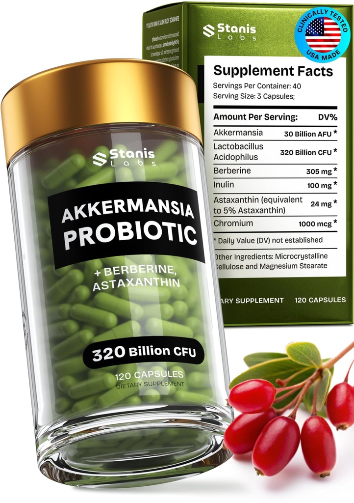 Akkermansia Muciniphila Probiotika 320 Millioner CFU = 124; GLP-1 Probiotika og Prebiotika = 124; Akermansia Probiotika til tarm sundhed = 124; Inulin Prebiotic Fiber Capsules Astaxanthin & Berberine & Chrom 120 tæller