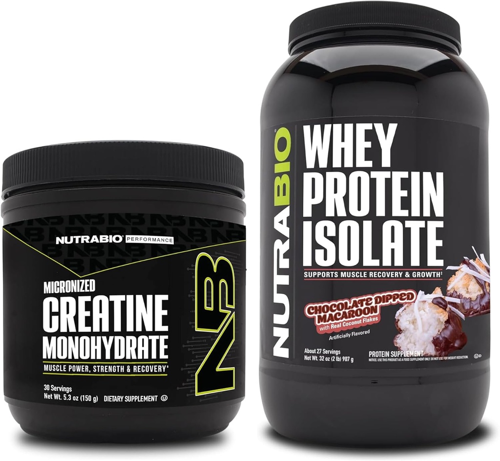 Nutrabio Creatin monohydrat, Unflavored, 150g og Whey Protein Isolate, Chokolade Dipped Macaroon, Supplement Bundle - Muskelenergi, Lean muskelvækst, Inddrivelse, og Styrke