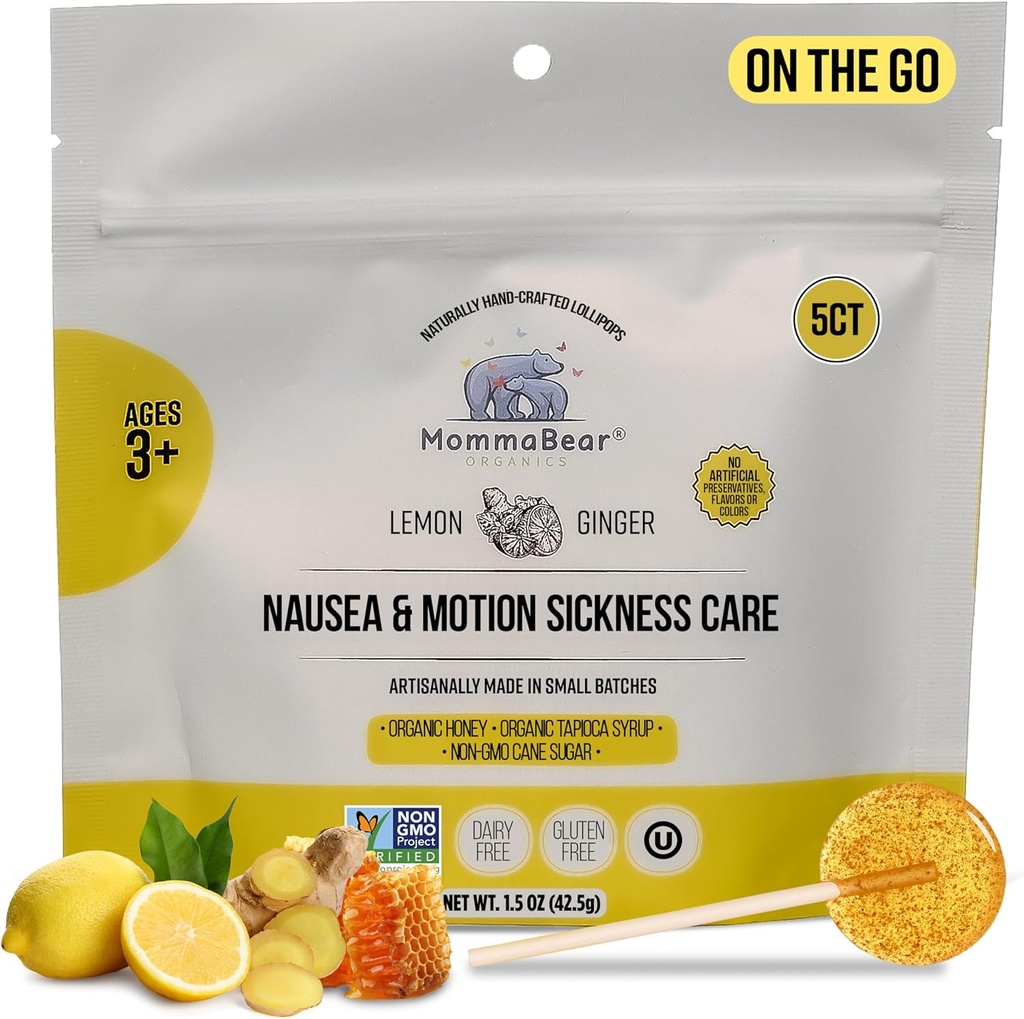 Mommabear Kvalme & Bevægelse Sygdom Lollipops - Non-GMO Lemon & Ginger Candy for Kvalme - Økologisk Lollipops for Kids 3 + & Gravide Kvinder til at Allekere Queasiness - Kids Travel Essentials (5 Pack)