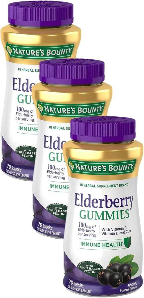 Nature 's Bounty Elderberry Gummies, Kosttilskud, Understøtter immunsundhed, Indeholder vitamin A, C, D, E og zink, 100 mg, 70 Gummies (Pack of 3)