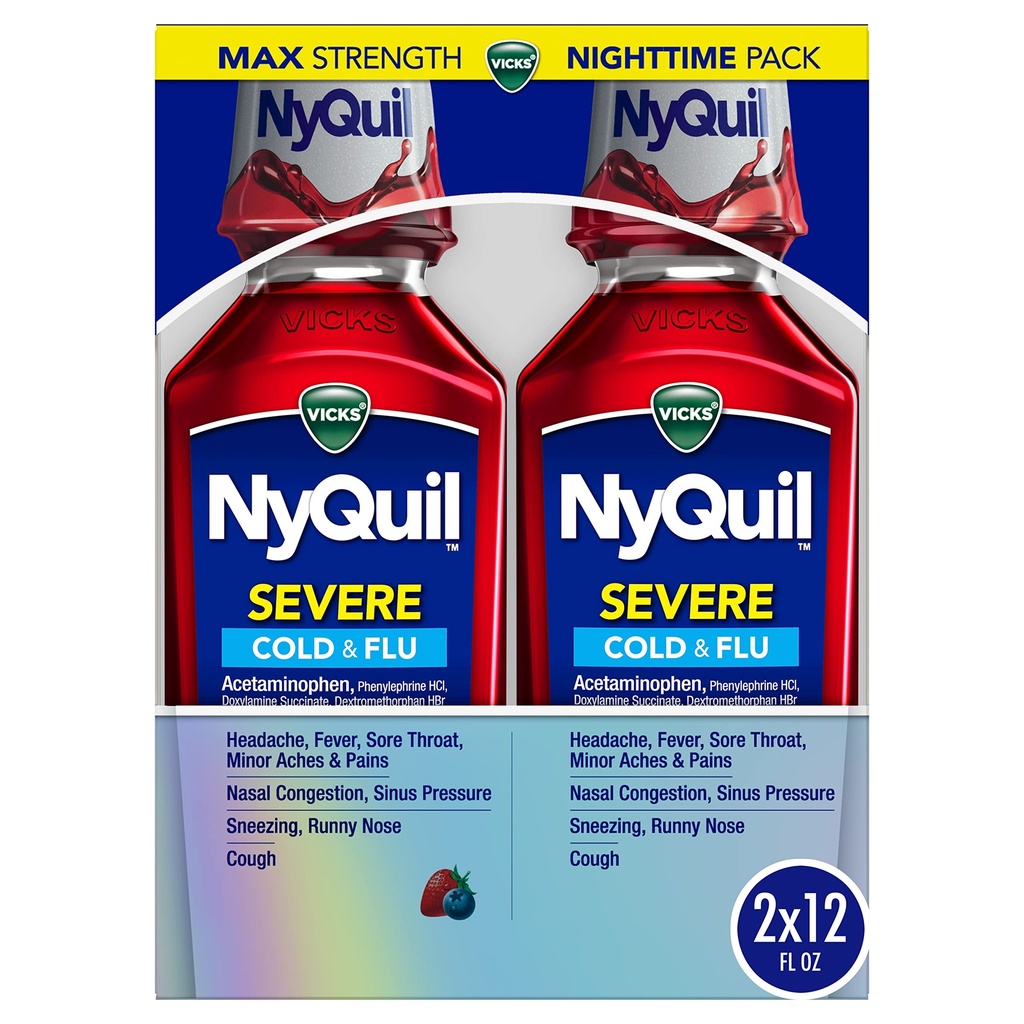 Vicks NyQuil SEVERE Cold, Flu, og Congestion Medicine, 2x12 fl oz Twin Pack, Berry Flavor, Maksimal Styrke, Nighttime Relief