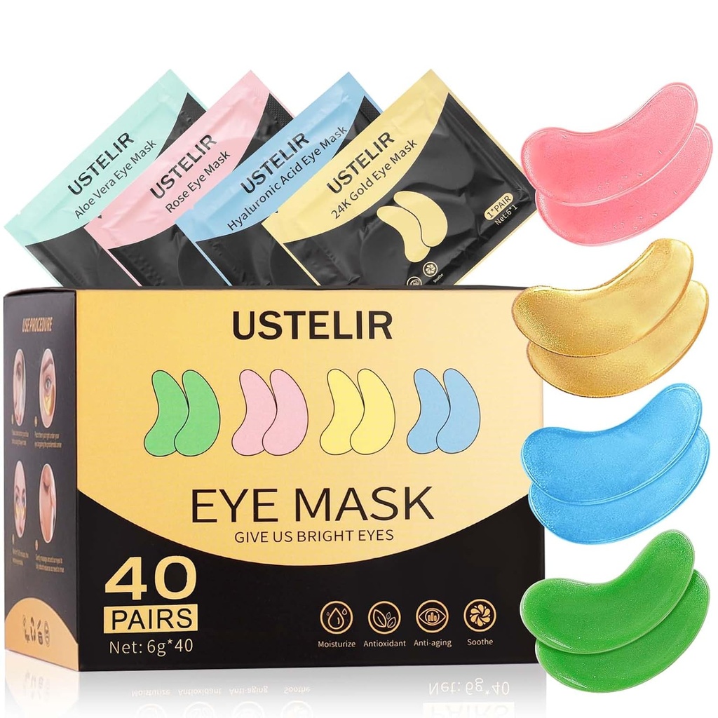 Under Eye Patches, 40 Par Eye Mask for mørke cirkler, Puffy Eyes, Undereye Tasker, Rynker, Eye Maske Patches med 24K guld, Hyaluronsyre, Rose & Aloe Vera, Eye Treatment Hudpleje for mænd & kvinder Gave