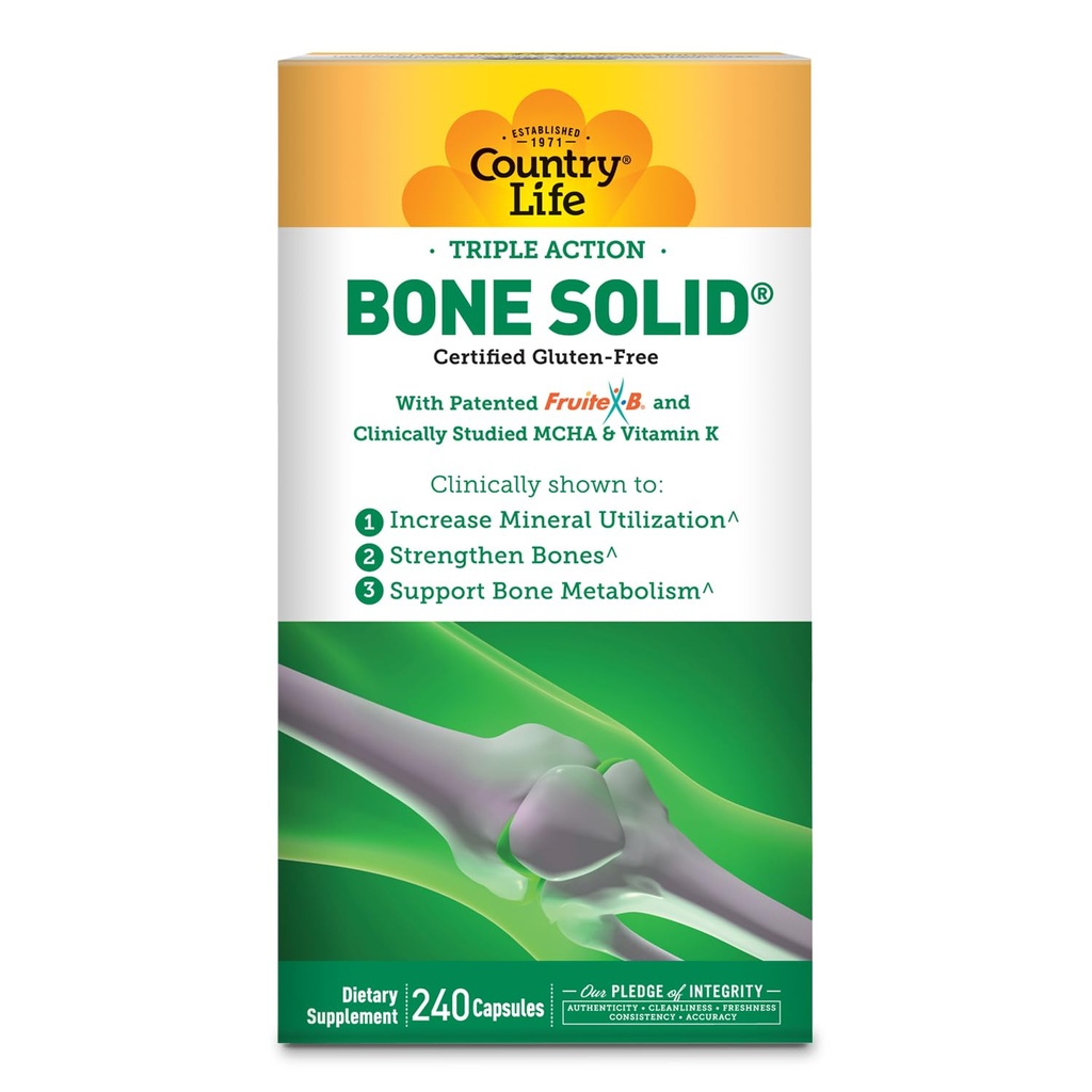Country Life Bone Solid - Bone Health Supplement med mikrokrystallinsk Hydroxyapatit (MCHA), Calcium, Magnesium, Zink, Vitaminer K2 & D3 for Forbedret Knoglestyrke & Metabolisme - 240 kapsler