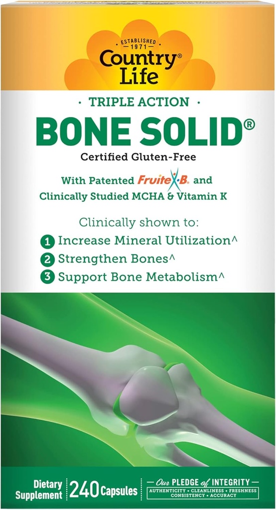 Country Life Bone Solid - Bone Health Supplement med mikrokrystallinsk Hydroxyapatit (MCHA), Calcium, Magnesium, Zink, Vitaminer K2 & D3 for Forbedret Knoglestyrke & Metabolisme - 240 kapsler