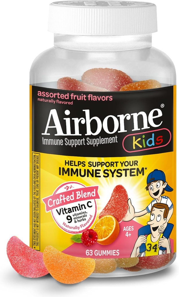 Airborne C-vitamin 500 mg (per servering) - Assorted Fruit Flavored Kids Gummies (63 Tæl i en flaske), Glutenfri immunsupporttillæg med vitaminer C E, Selen