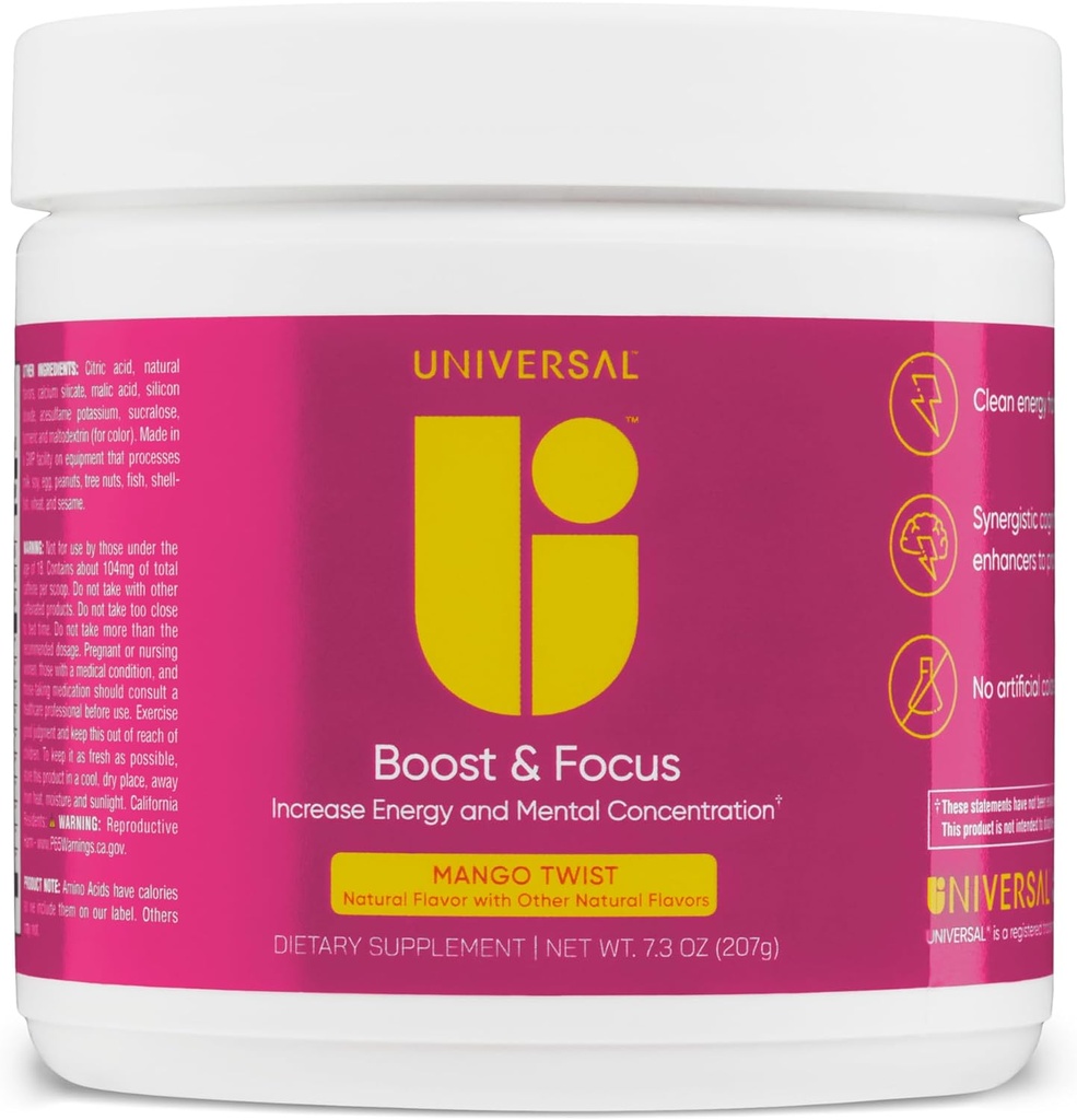 Universal U Boost & Focus Powder, Forøg energi og kognitiv ydeevne, Pre Workout, Custom Dosing, VIT B12, Niacin, Cholin, L- Tyrosine, Ingen kunstige flavors, 30 Serveringer (Mango Twist)