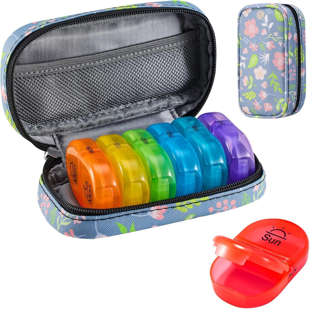Serfeymi Weekly Travel Pill Organizer 2 gange en dag PM opgraderet Rainbow Pill Box 7 dag med transportabel lynlås PU Leather Pill sag, Medicin Organizer til piller, Vitaminer, fiskeolier - Floral 02