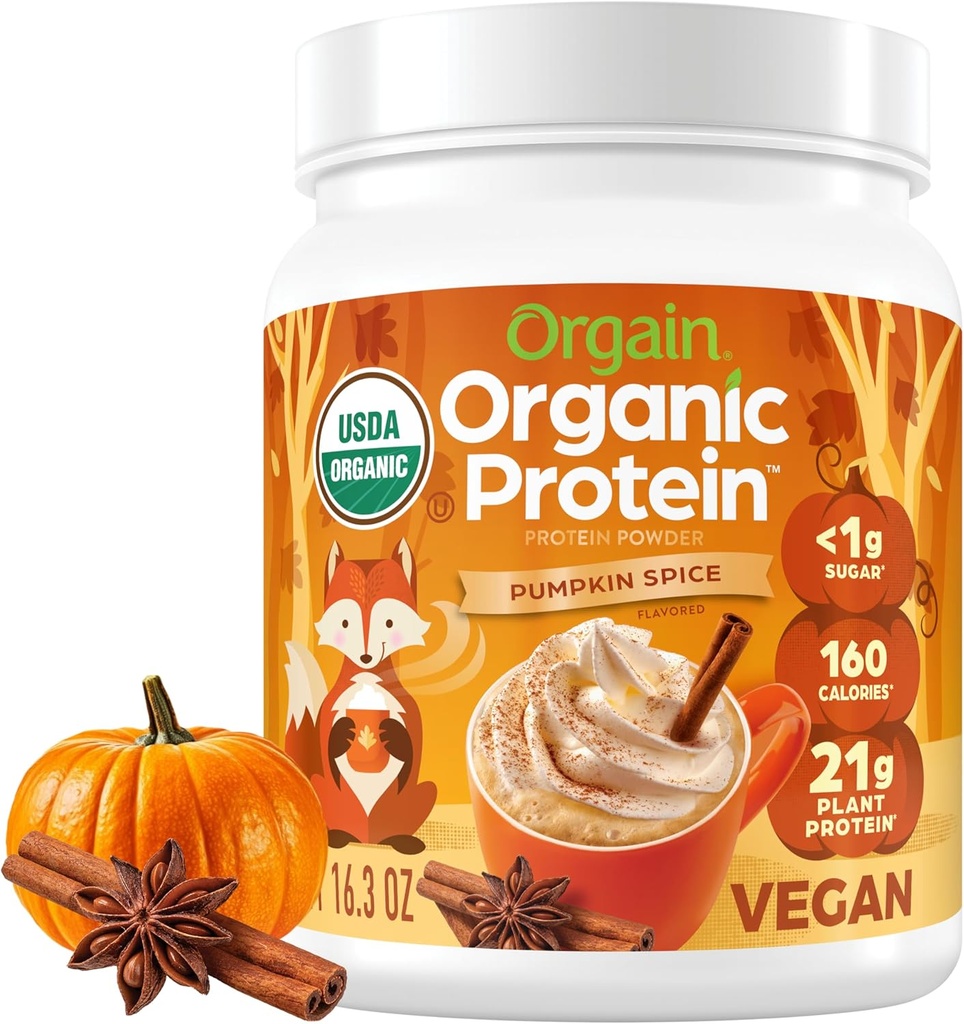 Orgain Organic Vegan Protein Powder, Pumpkin Spice Seasonal Flavor - 21g Plant Protein, 5g Prebiotic Fiber, Ingen laktoseingredienser, Ingen tilsat sukker, Non- GMO, For Shakes & Smoothies, 1.02 lb