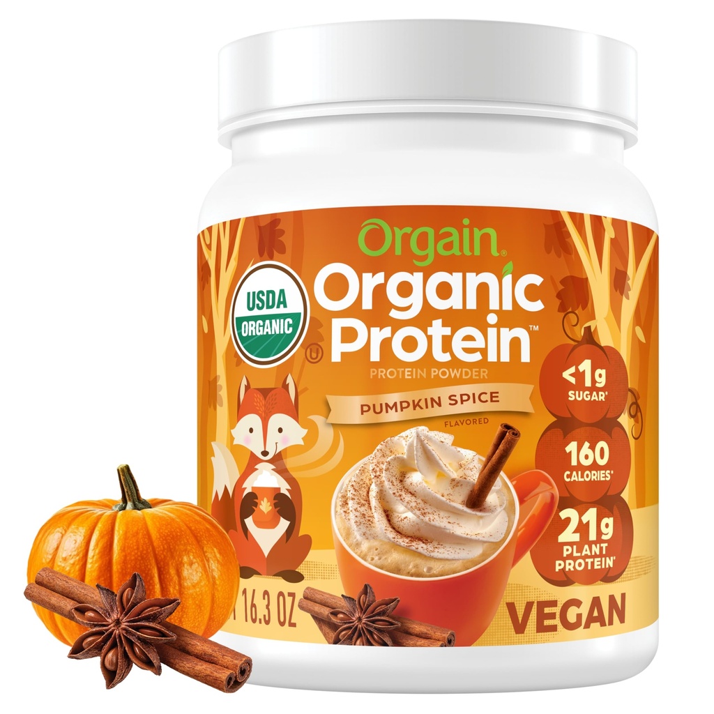 Orgain Organic Vegan Protein Powder, Pumpkin Spice Seasonal Flavor - 21g Plant Protein, 5g Prebiotic Fiber, Ingen laktoseingredienser, Ingen tilsat sukker, Non- GMO, For Shakes & Smoothies, 1.02 lb