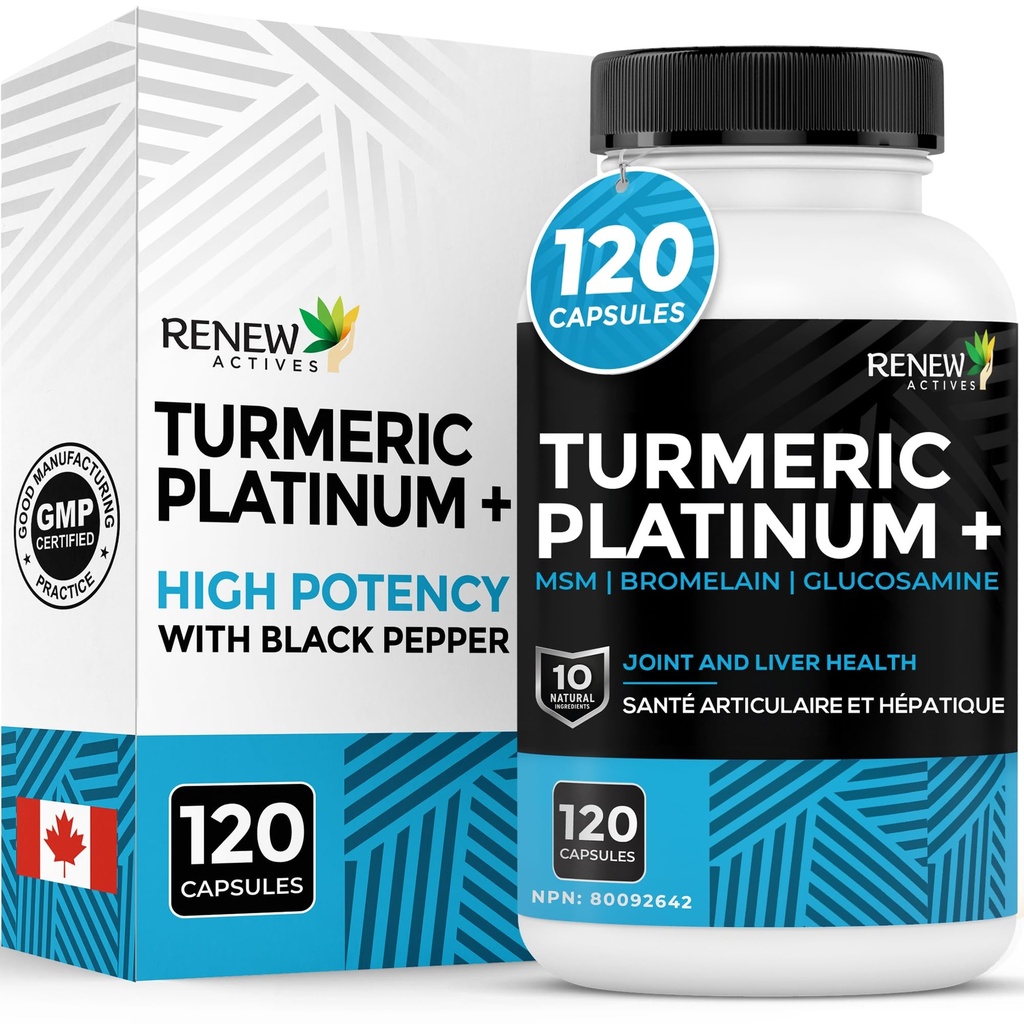 Renew Actives Gurmerisk Platinum 1350MG per 3 kapsler med sort peber & ingefær - Antioxidant, lever & fordøjelsesstøtte - Reducerer inflation & boosts Immunitet - Made in Canada - 120 kapsler