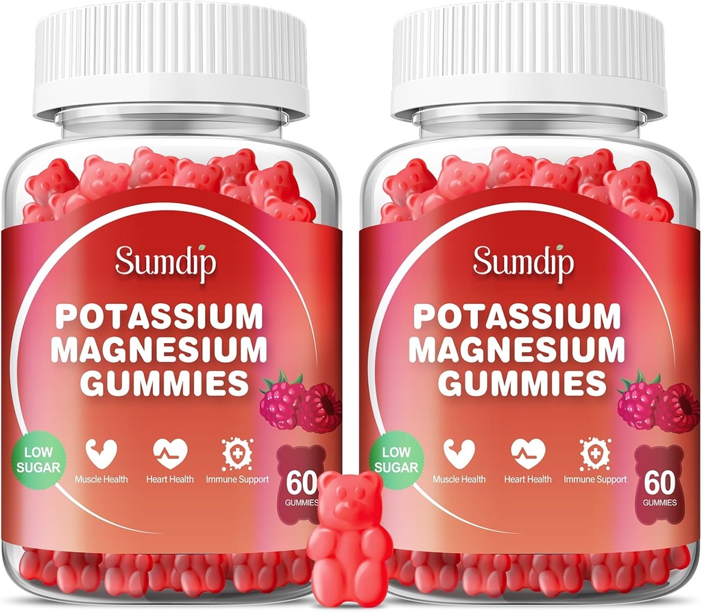 Magnesium Kalium Gummies, Muscle & Heart Health, Leg kramper og søvn, Kalium Kosttilskud Vegan Gummy Non- GMO Gluten Gratis 60 Gummies-2 Pack, Hindbær