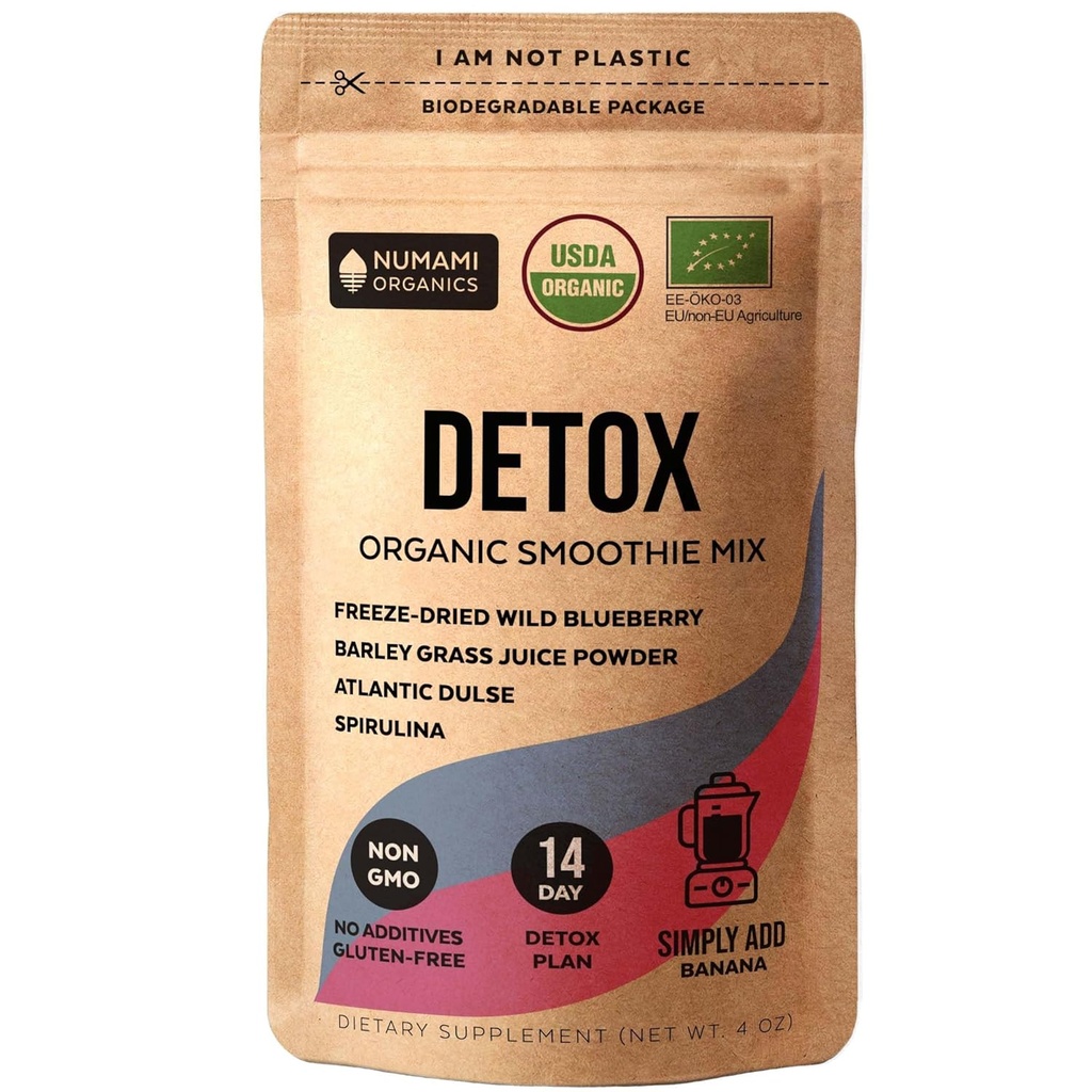 Numami Organic Detox Blueberry Smoothie Powder med sund Spirulina, Atlantic Dulse og Barley Grass Juice Powder, Premium kvalitet superfood fra Europa
