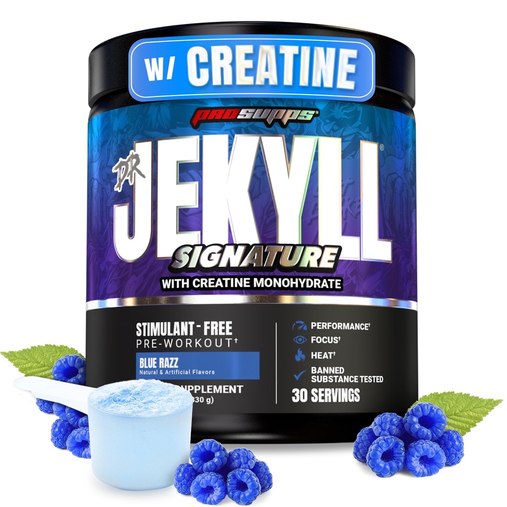 PROSUPPS Dr. Jekyll Signature Pre Workout Powder med Creatin - Stift-Free Preworkout Understøtter Focus & Endurance - Coffeine-Free Gym & Fitness Kosttilskud (Blueberry Lemonade, 30 Servere)