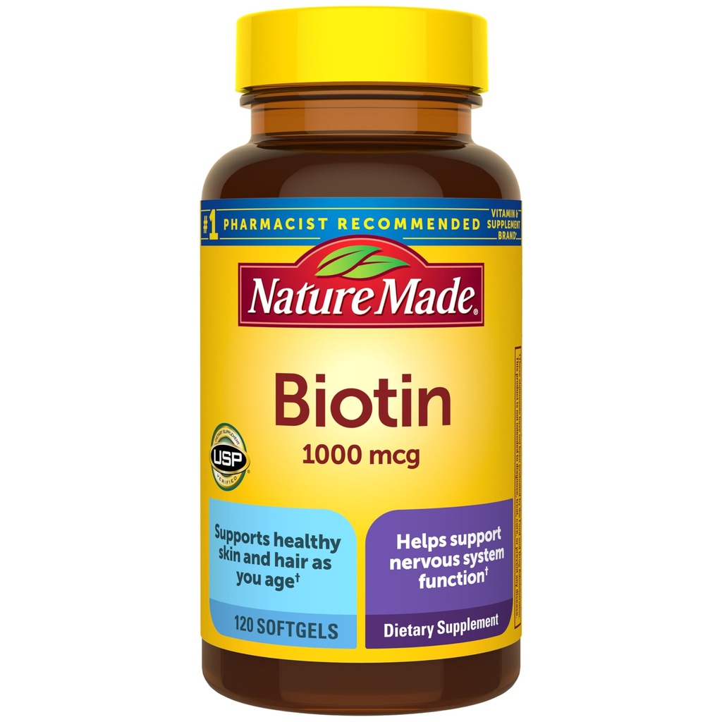 Nature Made Biotin 1000 mcg Softgels, Biotin Vitamin Kosttilskud, Understøtter sundt hår & hud, 120 Softgels, 120 Day Supply