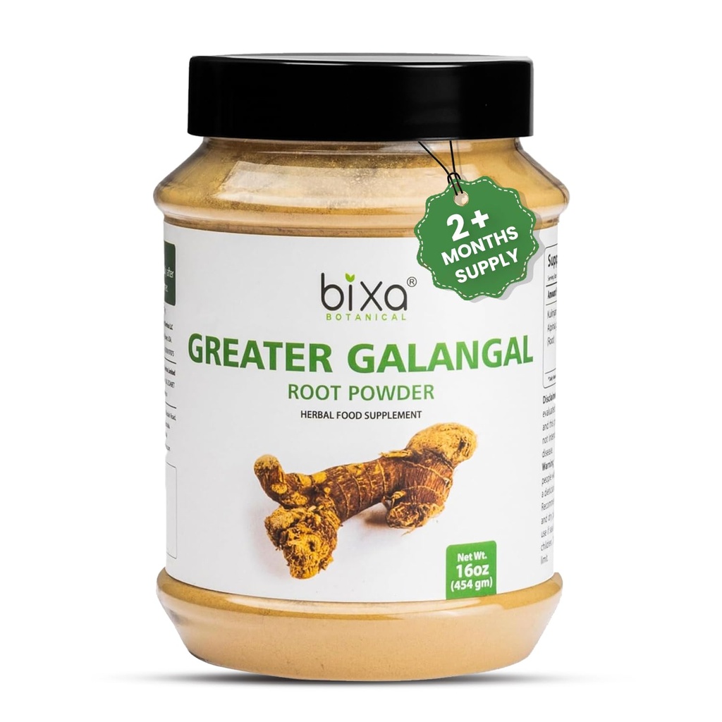 bixa botanisk stålet 124; Greater Galangal root powder boved 124; Alpinia Galanga Kulinjan boved 124; For suppe og madlavning boved 124; Ayurvedic herbal supplement boved 124; Kosher 124; Steam behandlet boved boved 124; Non GMO boved 124; Vegan boved 124; 100 Procent Pure boved 124; 7 oz 200 g
